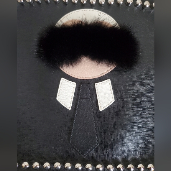 Fendi Black Leather Mink-Trimmed Silver Studded Karlito Pouch - Picture 4 of 12